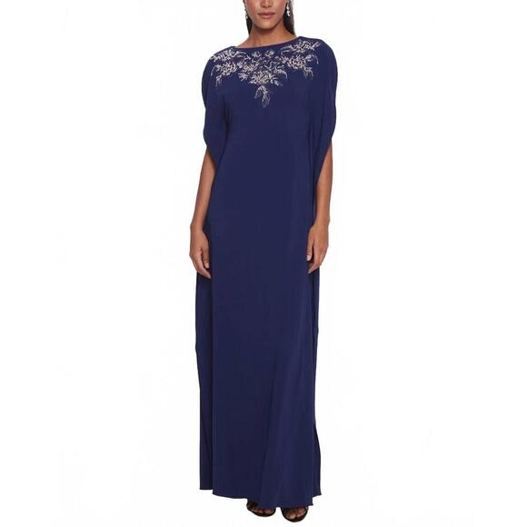 NEW MARCHESA embroidered crepe kaftan in navy